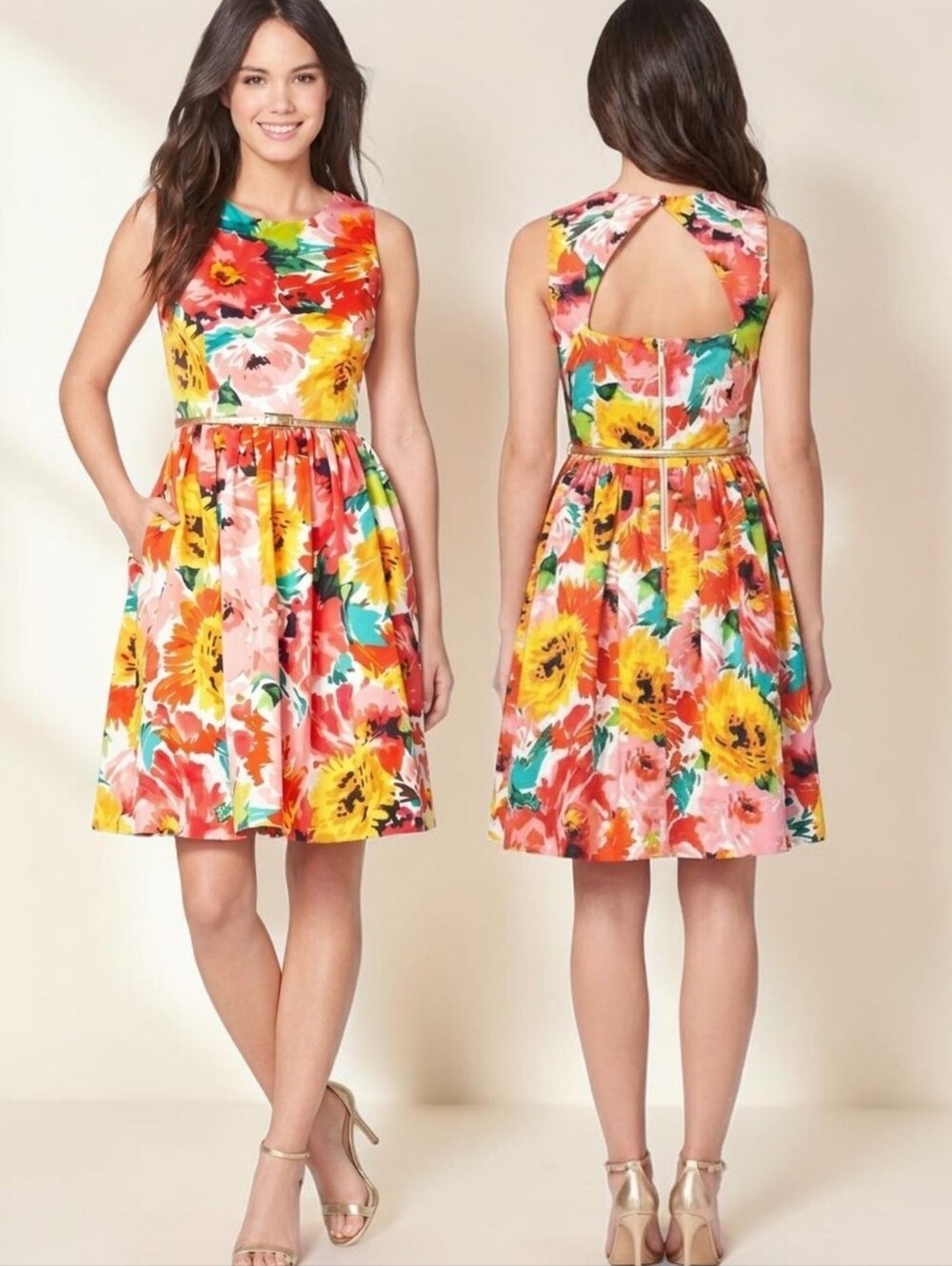 ELIZA J Floral Print Fit & Flare Belted Dress - Size 14